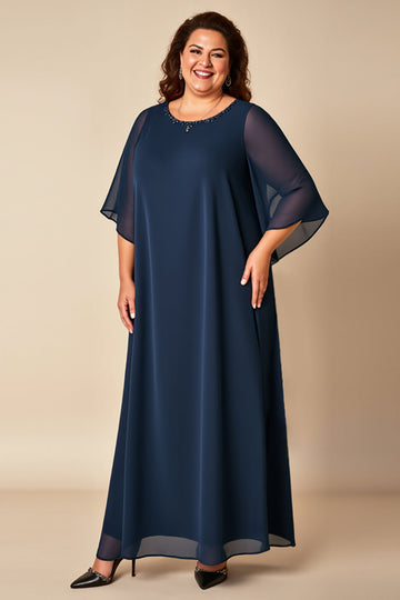 Robe fourreau en mousseline de soie bleu marine grande taille Mère de la mariée